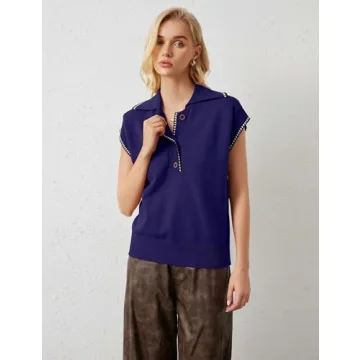 MISSACTIVER Women Casual Button Down Lapel Collar Sweater Vest Sleeveless Knit Loose Fit Stripe Trim Pullover Tank Tops(Large,Navy)