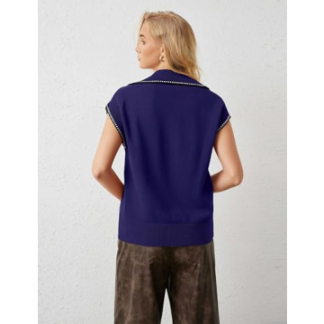 MISSACTIVER Women Casual Button Down Lapel Collar Sweater Vest Sleeveless Knit Loose Fit Stripe Trim Pullover Tank Tops(Large,Navy)