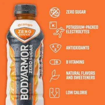 BODYARMOR ZERO Sugar Orange, Sugar Free Sports Drink - Low-Calorie Hydration - Natural Flavors with Potassium Packed Electrolytes, Antioxidants, and B-vitamins, 16 fl oz (pack of 12)