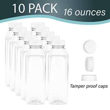16 OZ Empty PET Plastic Juice Bottles - Pack of 10 Reusable Clear Disposable Milk Bulk Containers with Black Tamper Evident Caps Lids (10-Pack)