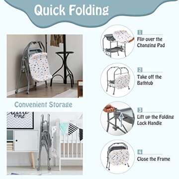 BABY JOY Baby Bathtub with Changing Table, Foldable Infant Diaper Changing Station with Storage Tray, Waterproof Pad, Portable Newborn Nursery Organizer Bath Stand with 4 Universal Wheels (Gray)