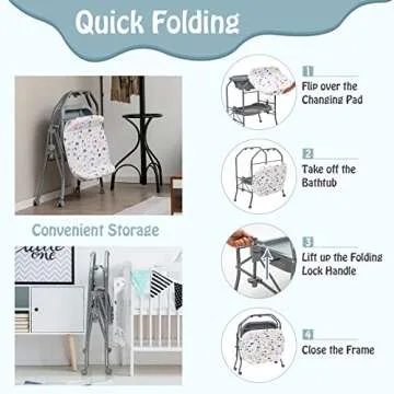 BABY JOY Baby Bathtub with Changing Table, Foldable Infant Diaper Changing Station with Storage Tray, Waterproof Pad, Portable Newborn Nursery Organizer Bath Stand with 4 Universal Wheels (Gray)