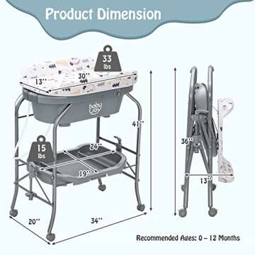 BABY JOY Baby Bathtub with Changing Table, Foldable Infant Diaper Changing Station with Storage Tray, Waterproof Pad, Portable Newborn Nursery Organizer Bath Stand with 4 Universal Wheels (Gray)