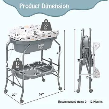 BABY JOY Baby Bathtub with Changing Table, Foldable Infant Diaper Changing Station with Storage Tray, Waterproof Pad, Portable Newborn Nursery Organizer Bath Stand with 4 Universal Wheels (Gray)