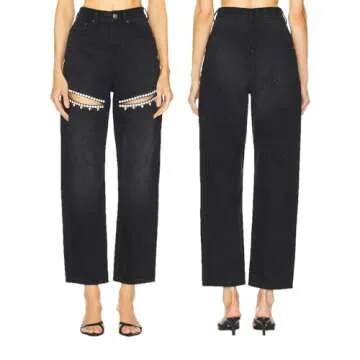 UAGVB Baggy Ripped Jeans for Women Y2k Rhinestone Jeans High Waist Pants Stretch Fabric Black XL