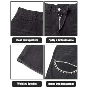 UAGVB Baggy Ripped Jeans for Women Y2k Rhinestone Jeans High Waist Pants Stretch Fabric Black XL