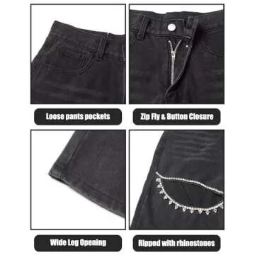 UAGVB Baggy Ripped Jeans for Women Y2k Rhinestone Jeans High Waist Pants Stretch Fabric Black XL