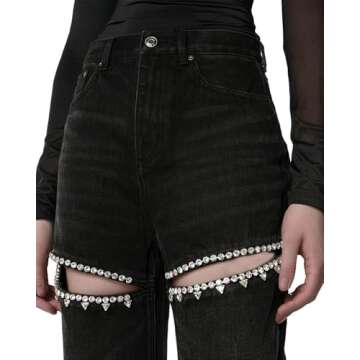 UAGVB Baggy Ripped Jeans for Women Y2k Rhinestone Jeans High Waist Pants Stretch Fabric Black XL