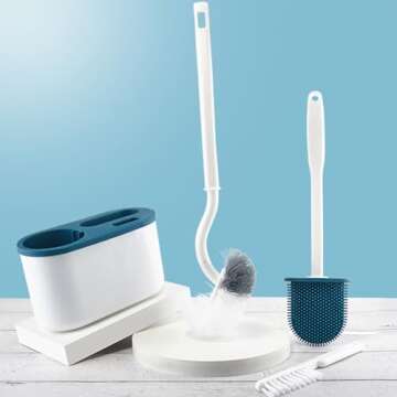 CHEOTIME Toilet Bowl Brush Holder Set, Toilet Brush Set Long Handle Soft Bristles Cleaning Brush Wall Hanging Toilet Brush Kit for Bathroom(Blue)