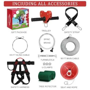 EDOSTORY 98 Feet Backyard Zip Line Kit for Kids and Adult Up Outdoor to 330lb with Stainless Steel Ziplines Spring Brake and Safety Harness, Christmas and Birthday Gifts for Kids(Red)