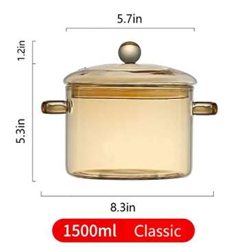 1.5L/50oz Glass Pot with Cover, Amber Glass Cooking Pot, Glass Saucepan with Lid and Handle - Safe t...