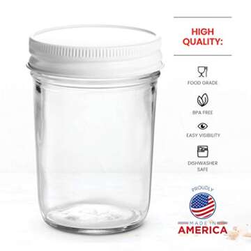 Paksh Novelty - Food Storage Container - Glass Mason Jars - Regular Mouth Jam Jelly Jars, Metal Airtight Lid, Preserving, Decorating, Canning Jar, Craft and Dry Food Storage (8 Ounce)