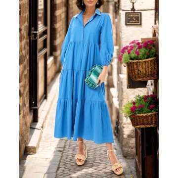 YEXPINE Women's Loose Fit Casual V Neck Blue Maxi Dress