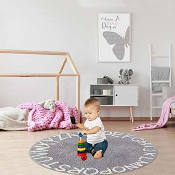 Round Kids Playroom ABC Rug - Soft Alphabet Nursery Rug for Bedroom - Playtime Collection, Learning & Game Carpet for Classroom, Best Shower Gift for Infant Toddlers (47", Grey White)