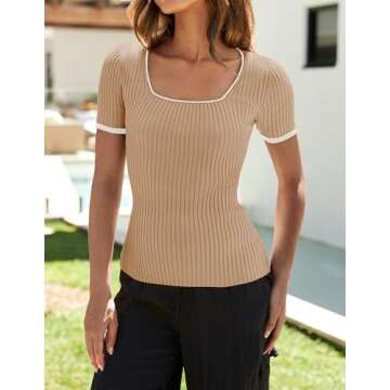 ZESICA Women's Short Sleeve Square Neck Color Block T Shirt - Summer Ribbed Tee