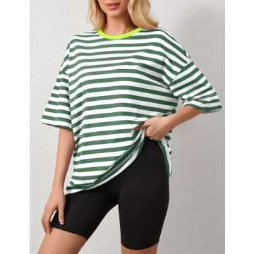 TERIVEEK Women Oversized Striped Color Block Short Sleeve Crew Neck T-Shirts Casual Loose Pullover Tops Summer Tee Shirt Green White
