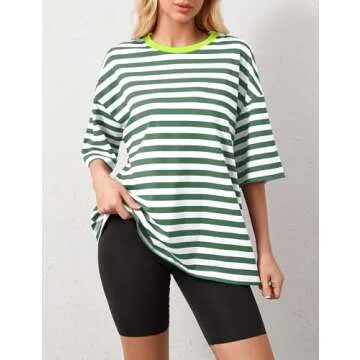 TERIVEEK Women Oversized Striped Color Block Short Sleeve Crew Neck T-Shirts Casual Loose Pullover Tops Summer Tee Shirt Green White