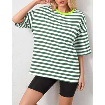 TERIVEEK Women Oversized Striped Color Block Short Sleeve Crew Neck T-Shirts Casual Loose Pullover Tops Summer Tee Shirt Green White