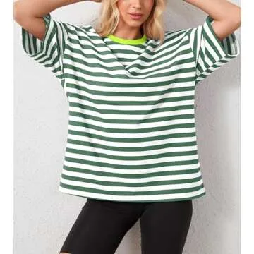 TERIVEEK Women Oversized Striped Color Block Short Sleeve Crew Neck T-Shirts Casual Loose Pullover Tops Summer Tee Shirt Green White