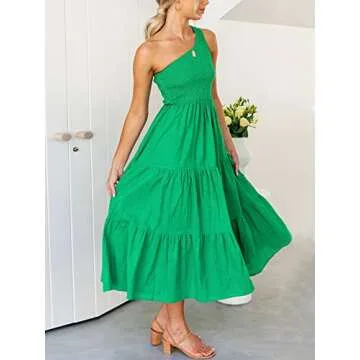 ANRABESS Women's 2023 Summer Boho One Shoulder Sleeveless Smocked Flowy Tiered Beach Maxi Sun Dress 493qinglvse-S