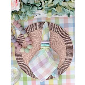 COTTON CRAFT Gingham Buffalo Plaid Check Napkins - Mitered Corners - Spring Easter Bunny Pastel Luncheon Dinner - Set of 8 - Pure Cotton - Reusable Washable - 18 x 18 - Pink Green Ivory Multi