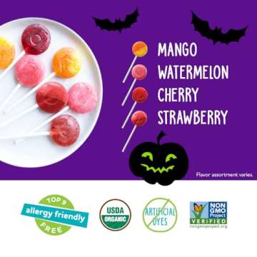 YumEarth Organic Halloween Lollipops - Allergy Friendly (Top 9 Free), No Artificial Dyes or Flavors, Non GMO, Gluten Free, Vegan, Individually Wrapped - Assorted Flavors, 8.7 oz (Pack of 40)