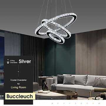 Buccleuch Modern Crystal Chandelier, Dimmable LED Pendant Light Fixture 3-Ring Adjustable Stainless ...