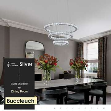 Buccleuch Modern Crystal Chandelier, Dimmable LED Pendant Light Fixture 3-Ring Adjustable Stainless Steel Ceiling Light, Silver Crystal Chandeliers for Dining Room, Bedroom, Living Room - ETL Listed