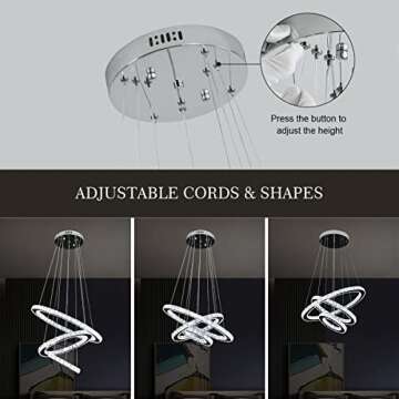 Buccleuch Modern Crystal Chandelier, Dimmable LED Pendant Light Fixture 3-Ring Adjustable Stainless Steel Ceiling Light, Silver Crystal Chandeliers for Dining Room, Bedroom, Living Room - ETL Listed