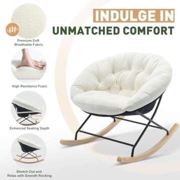 COLAMY Rocking Chair Nursery, Upholstered Glider Rocker Accent Chair Saucer Armchair with Comfy Cushions, Wood Base and Metal Legs for Living Room, Bedroom, Office, White