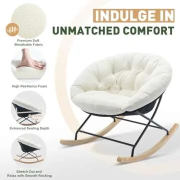 COLAMY Rocking Chair Nursery, Upholstered Glider Rocker Accent Chair Saucer Armchair with Comfy Cushions, Wood Base and Metal Legs for Living Room, Bedroom, Office, White