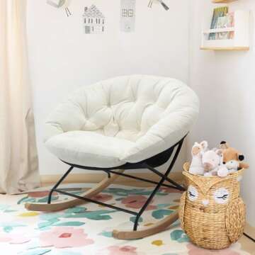 COLAMY Rocking Chair Nursery, Upholstered Glider Rocker Accent Chair Saucer Armchair with Comfy Cushions, Wood Base and Metal Legs for Living Room, Bedroom, Office, White