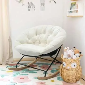 COLAMY Rocking Chair Nursery, Upholstered Glider Rocker Accent Chair Saucer Armchair with Comfy Cushions, Wood Base and Metal Legs for Living Room, Bedroom, Office, White