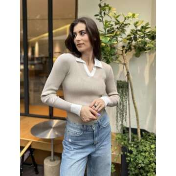 Chic Zeagoo Women's Ribbed Knit Sweater Tops in Beig