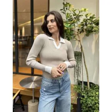 Chic Zeagoo Women's Ribbed Knit Sweater Tops in Beig