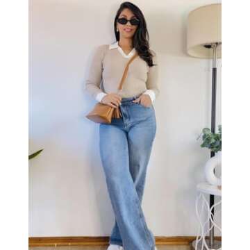 Chic Zeagoo Women's Ribbed Knit Sweater Tops in Beig