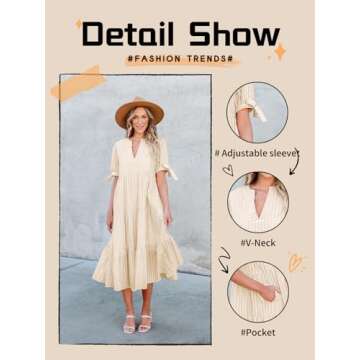 Theenkoln Womens Casual Midi Dress: Short Sleeve V-Neck Empire Waist Gingham Spring Fashion Long Tre...