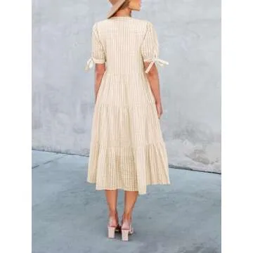 Theenkoln Womens Casual Midi Dress: Short Sleeve V-Neck Empire Waist Gingham Spring Fashion Long Trendy Tiered Formal Dresses Champagne