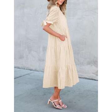 Theenkoln Womens Casual Midi Dress: Short Sleeve V-Neck Empire Waist Gingham Spring Fashion Long Trendy Tiered Formal Dresses Champagne