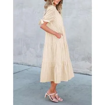 Theenkoln Womens Casual Midi Dress: Short Sleeve V-Neck Empire Waist Gingham Spring Fashion Long Trendy Tiered Formal Dresses Champagne