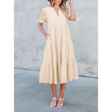 Theenkoln Womens Casual Midi Dress: Short Sleeve V-Neck Empire Waist Gingham Spring Fashion Long Trendy Tiered Formal Dresses Champagne