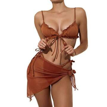 SOLY HUX Women's 3 Piece Swimsuits Triangle Bikini Set Bathing Suits with Mesh Cover Up Beach Skirt Rust Brown L