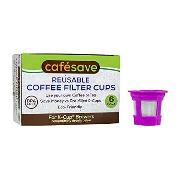 2-Item Bundle: 6-Pack Cafe Save Reusable K Cup Coffee Filters + EZ-Scoop 2 Tbsp Scoop with Integrated Funnel, Refillable Pod Capsule For Use with Keurig & Select Single Cup Coffee Maker