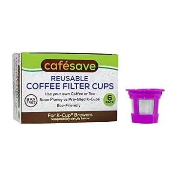 2-Item Bundle: 6-Pack Cafe Save Reusable K Cup Coffee Filters + EZ-Scoop 2 Tbsp Scoop with Integrated Funnel, Refillable Pod Capsule For Use with Keurig & Select Single Cup Coffee Maker