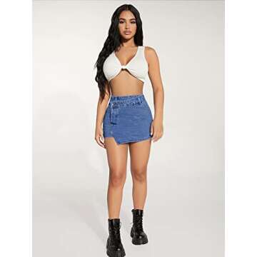 WDIRARA Women's Wrap Button Front Asymmetrical Hem Denim Skort Pocket Skirt Shorts Light Wash Petite XXS