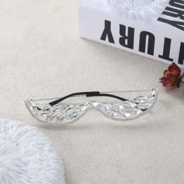 Naimo Silver Vintage Metal Half Glasses Frame No Lens Eyewear Rhinestone Diamond Decor