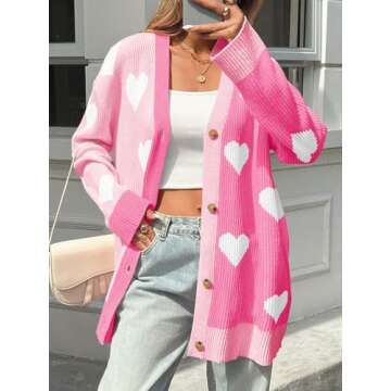 Saodimallsu Womens Heart Cardigan Sweaters Valentines Oversized Winter Color Block Button Up Cute Ri...