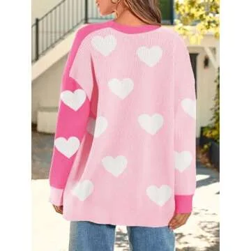 Saodimallsu Womens Heart Cardigan Sweaters Valentines Oversized Winter Color Block Button Up Cute Ribbed Sweater Coats Pink