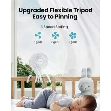 Gaiatop Mini Portable Stroller Fan, Battery Operated Small Clip on, Detachable 3 Speed Rechargeable, 360° Rotate Flexible Tripod Better Cooling for Car Seat Crib Treadmill Travel White