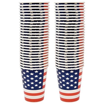 50 Patriotic Disposable Cups Paper 12 Oz. American Flag Fourth of July Party Cup USA Red Blue and Wh...